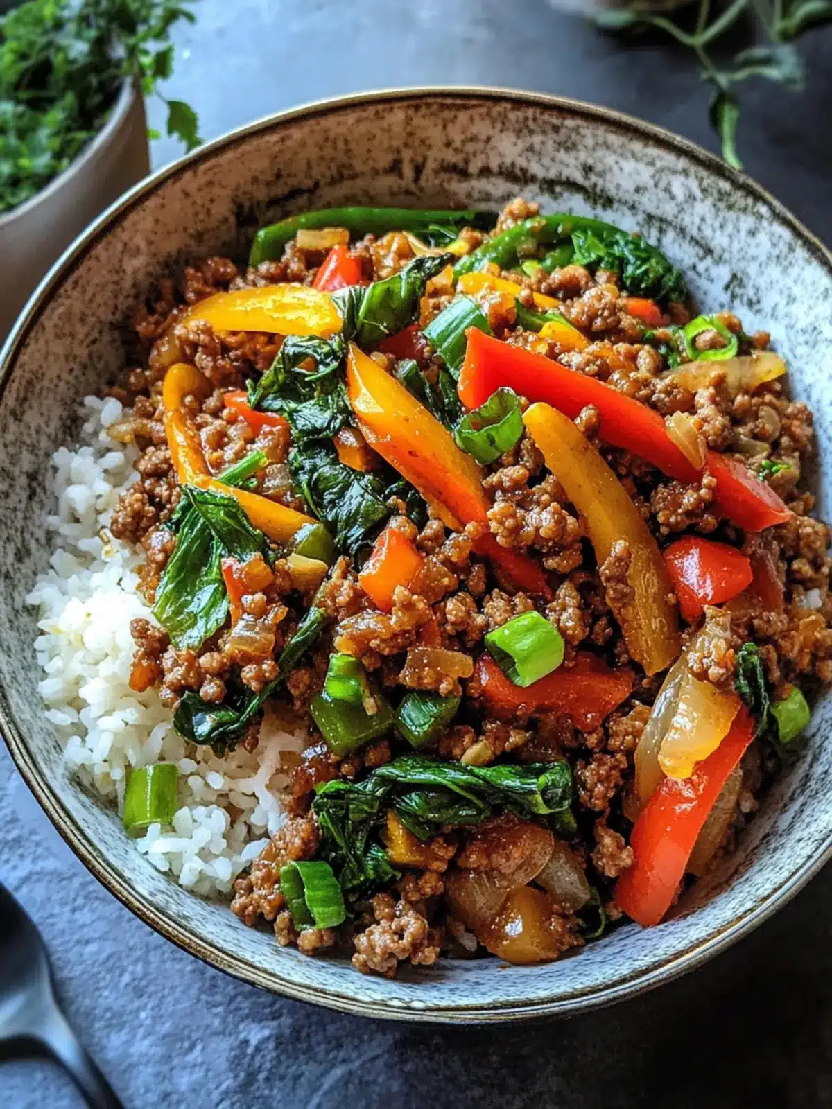Spicy Ground Beef Stir Fry Bowl with Garlic Veggies & Rice Bliss 2 Spicy Ground Beef Stir Fry Bowl with Garlic Veggies Steamy Rice