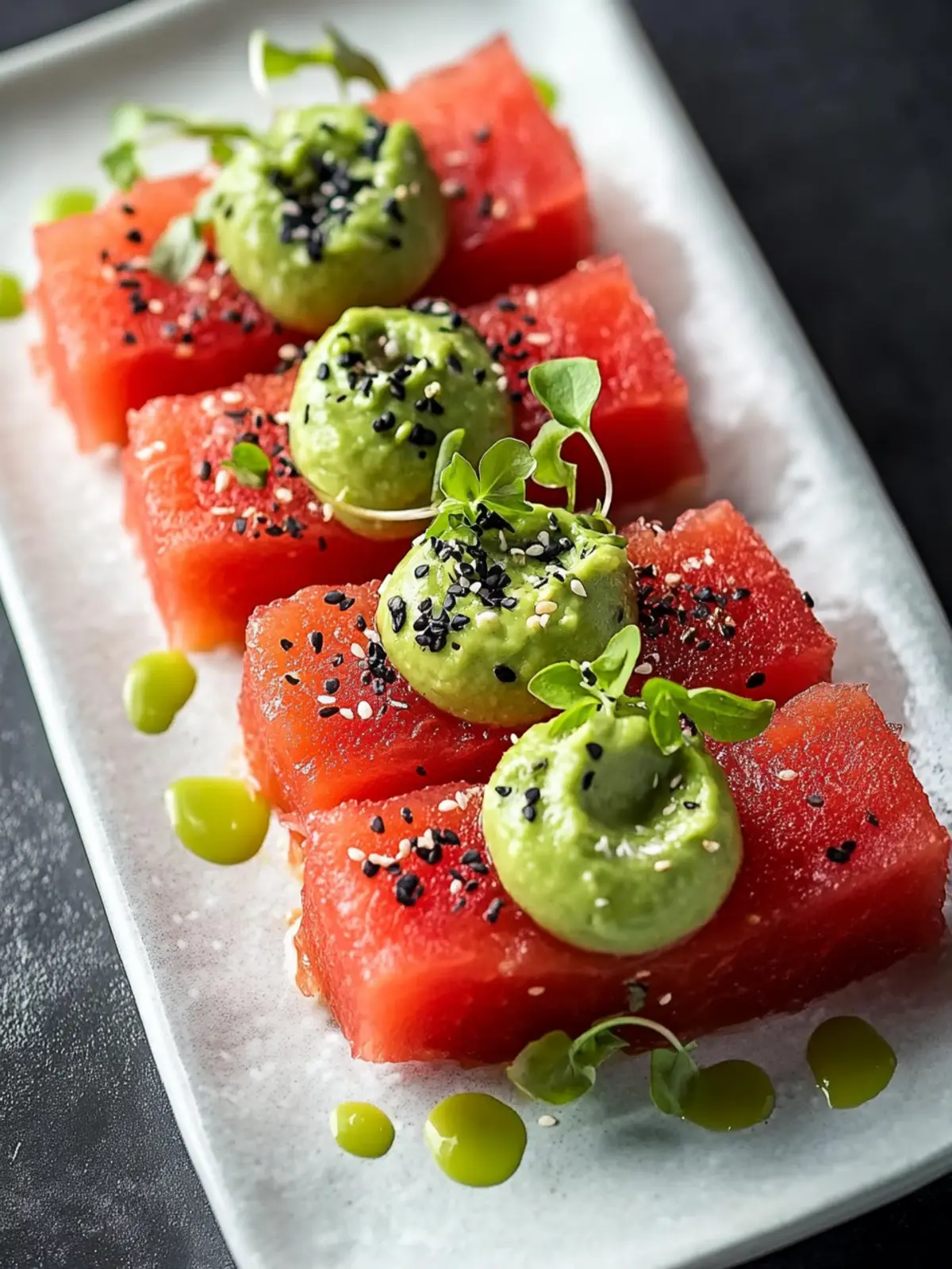 Refreshing Watermelon Sashimi with Avocado-Wasabi Cream Delight 2 Watermelon Sashimi with Avocado-Wasabi Cream