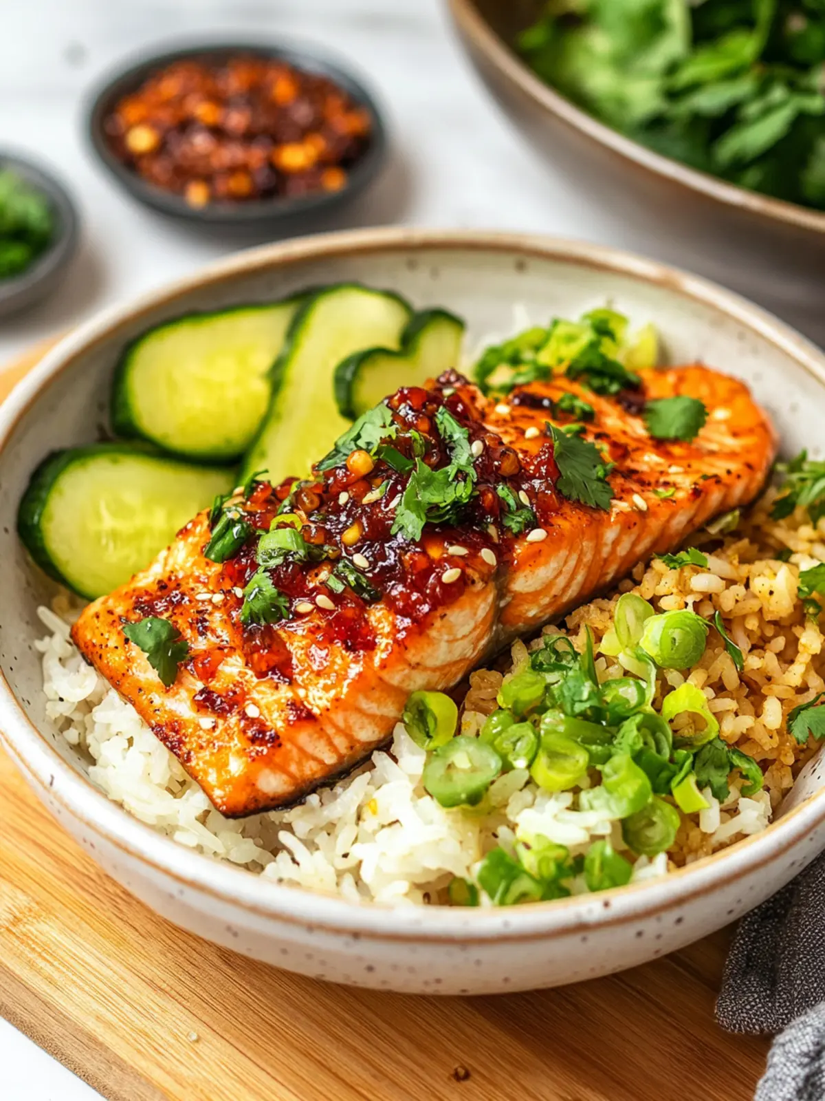 Chili Oil Salmon Rice Bowl: Quick 15-Minute Delight 2 Chili Oil Salmon Rice Bowl (15 Minute)