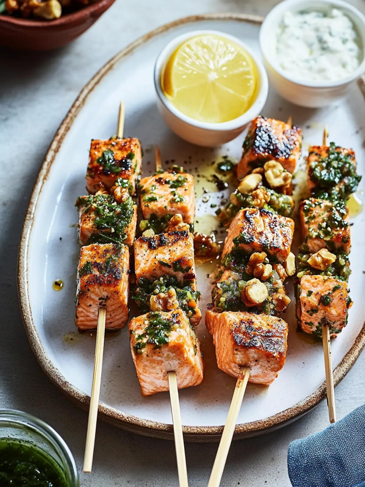Savory Salmon Skewers with Za atar and Walnut Salsa Delight 2 Salmon skewers with za atar and walnut salsa