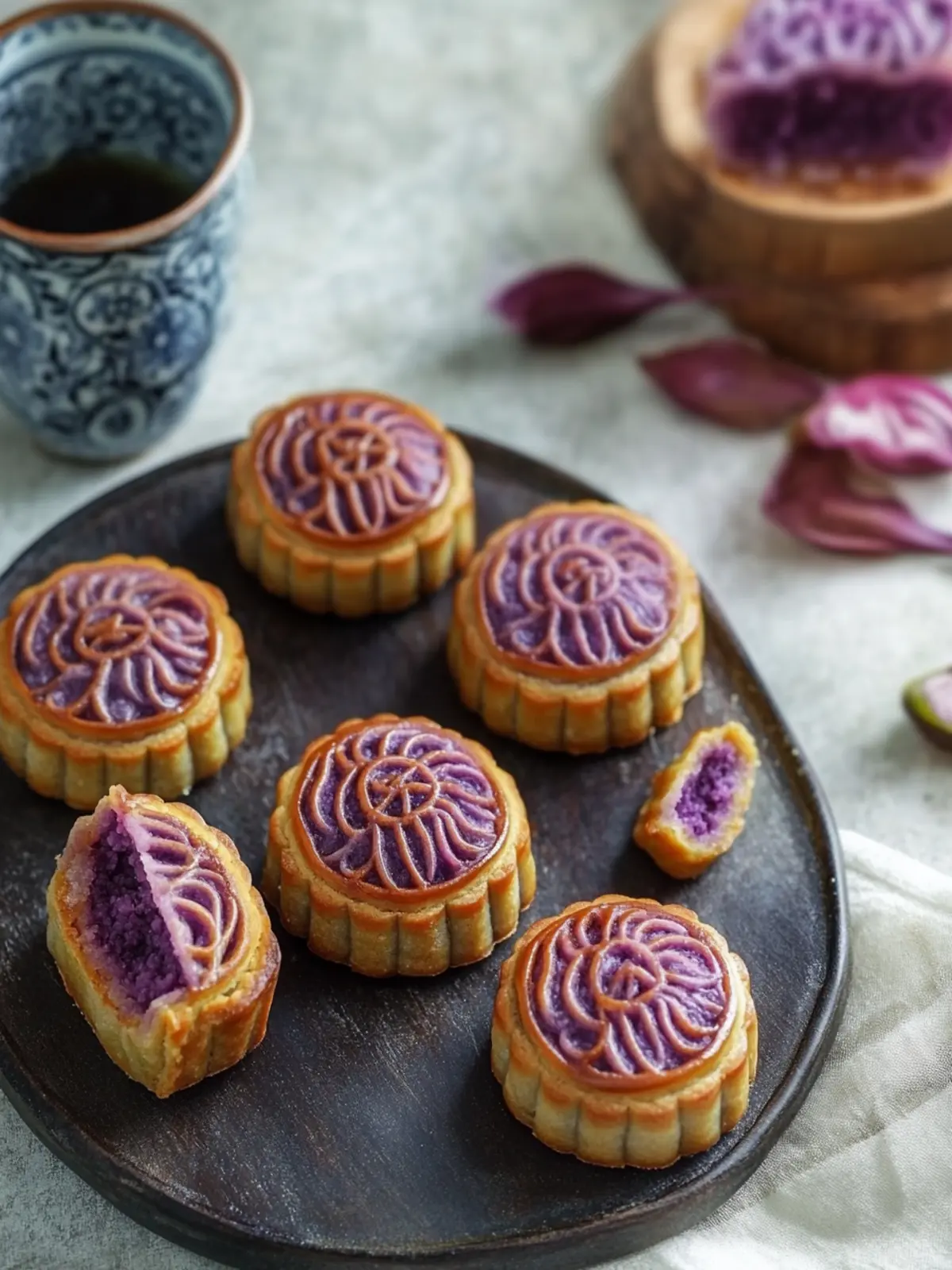 Delicious Mooncake Biscuits with Purple Sweet Potato Filling 3 Mooncake Biscuits with Purple Sweet Potato Paste Filling