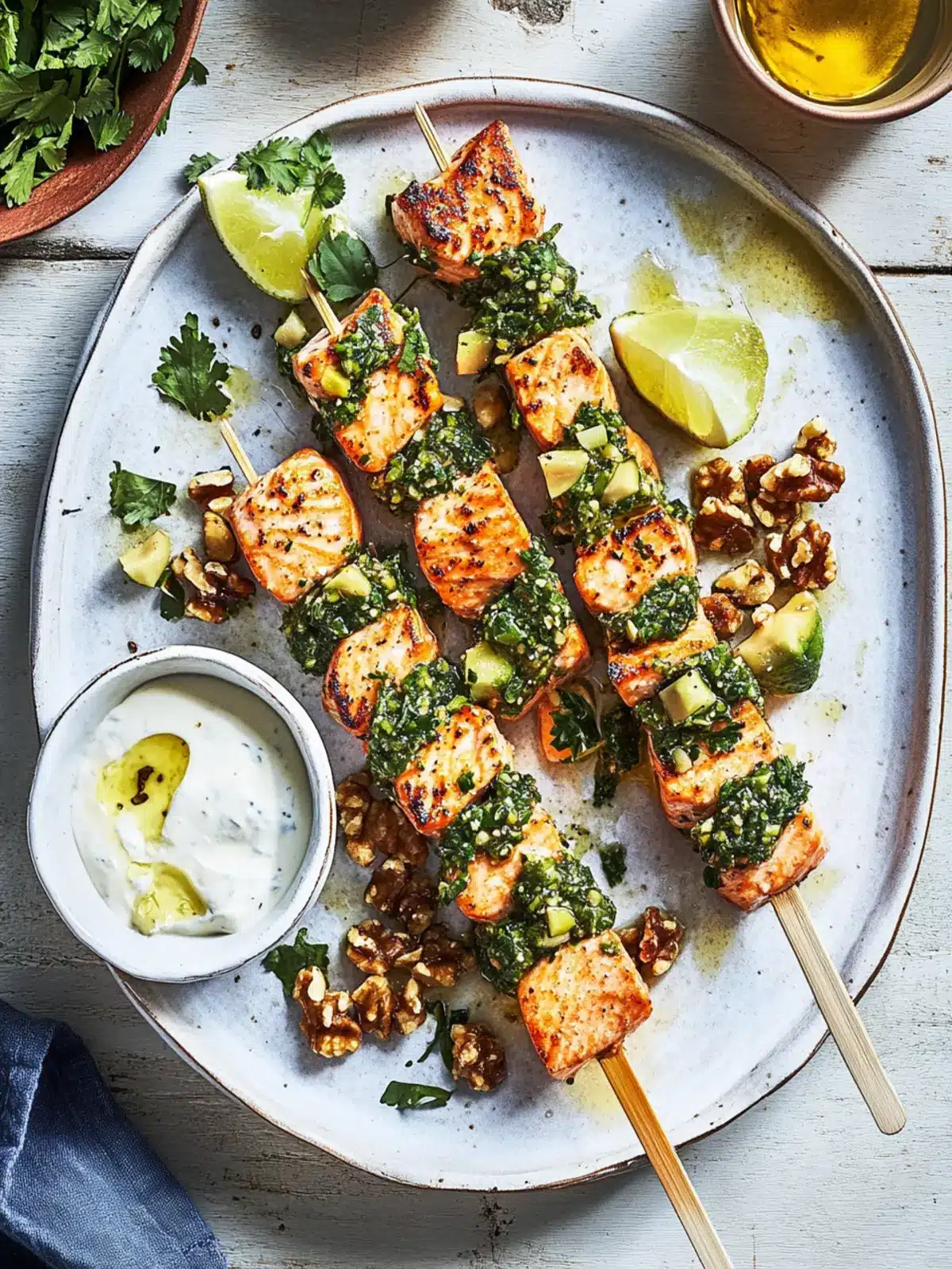 Savory Salmon Skewers with Za atar and Walnut Salsa Delight 3 Salmon skewers with za atar and walnut salsa