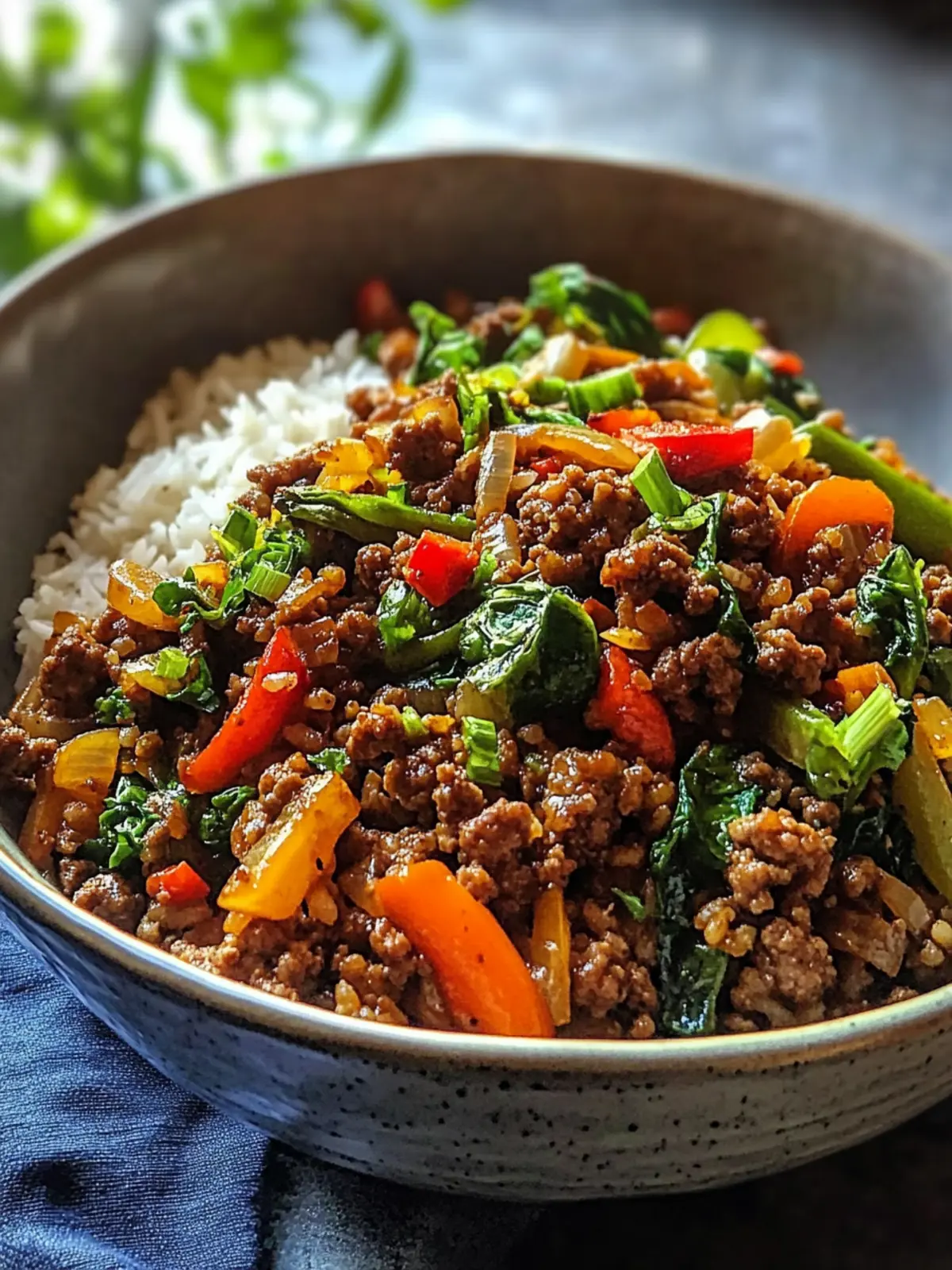 Spicy Ground Beef Stir Fry Bowl with Garlic Veggies & Rice Bliss 3 Spicy Ground Beef Stir Fry Bowl with Garlic Veggies Steamy Rice