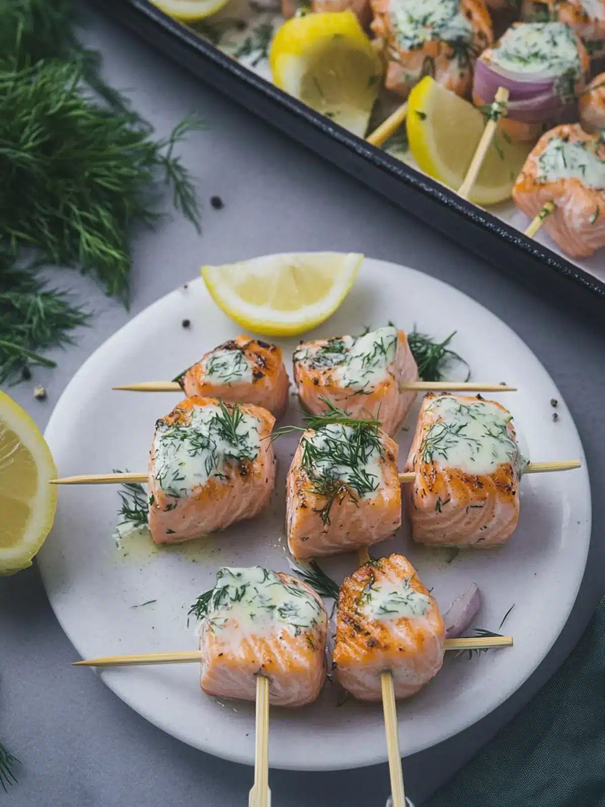 Delicious Salmon Skewers with Dill Sauce Ready in 16 Minutes 2 Salmon Skewers with Dill Sauce