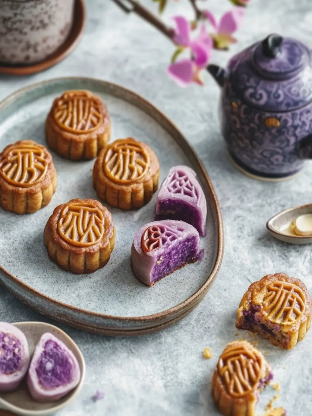 Delicious Mooncake Biscuits with Purple Sweet Potato Filling 4 Mooncake Biscuits with Purple Sweet Potato Paste Filling