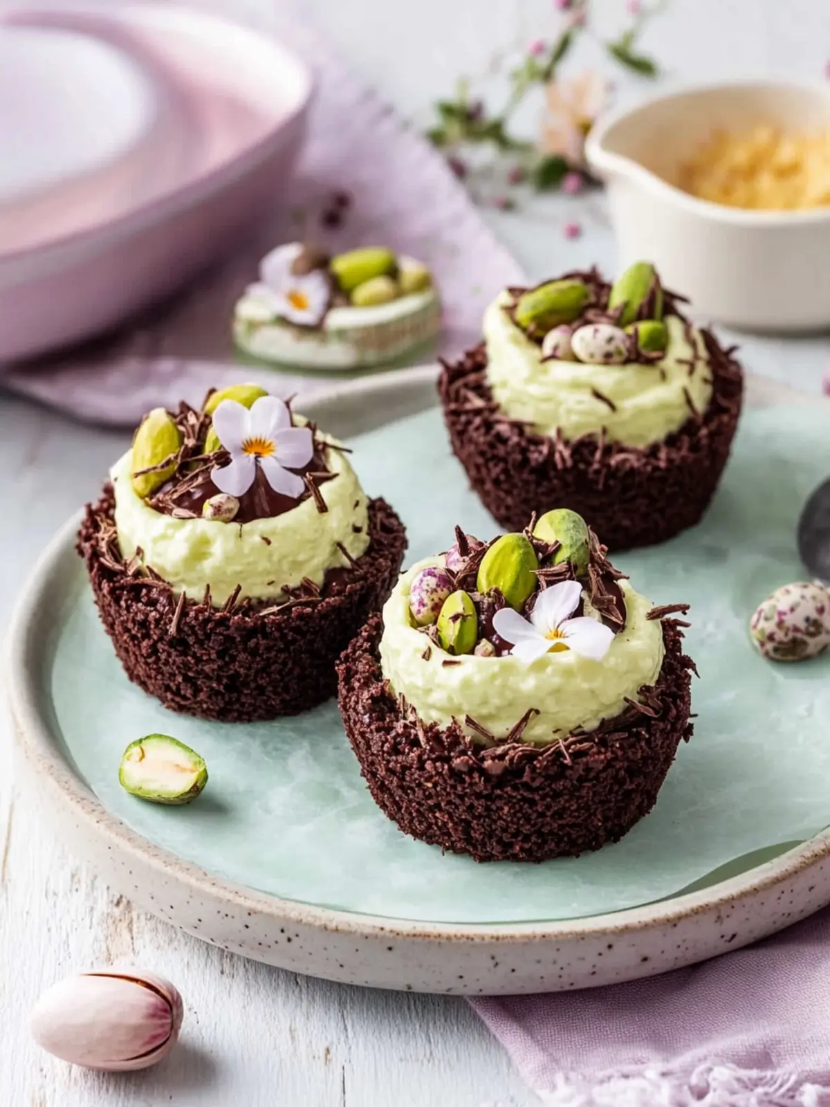 Chocolate & Pistachio Easter Nest Cheesecakes to Wow Your Guests 2 Chocolate & Pistachio Easter Nest Cheesecakes