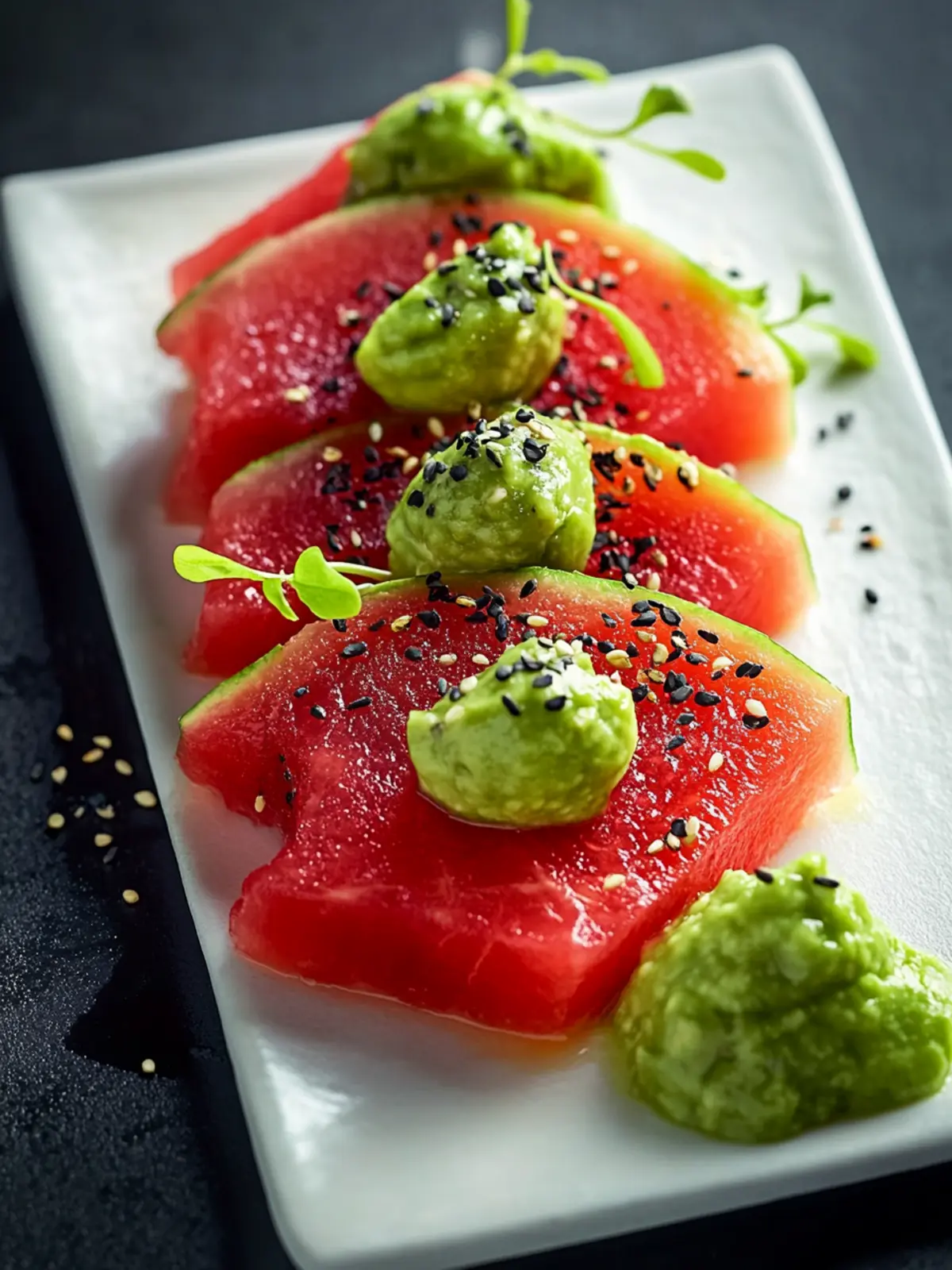 Refreshing Watermelon Sashimi with Avocado-Wasabi Cream Delight 3 Watermelon Sashimi with Avocado-Wasabi Cream