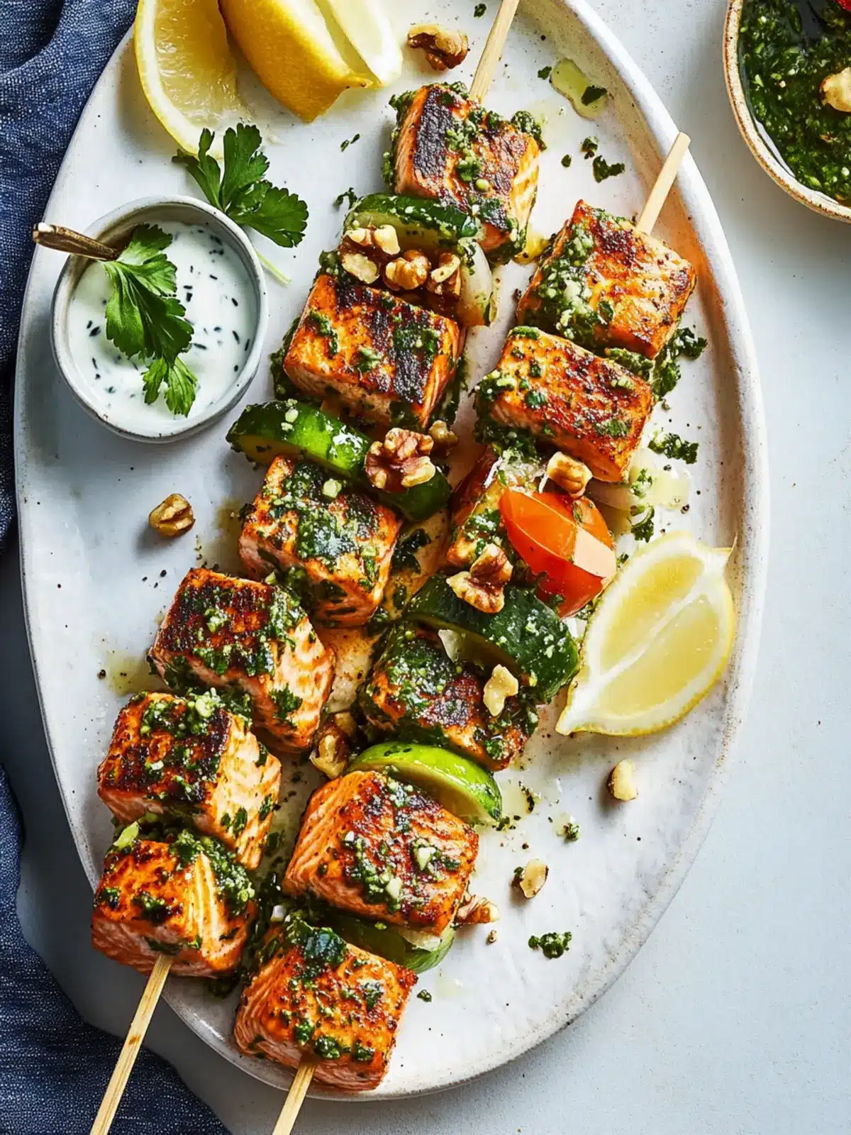 Savory Salmon Skewers with Za atar and Walnut Salsa Delight 4 Salmon skewers with za atar and walnut salsa