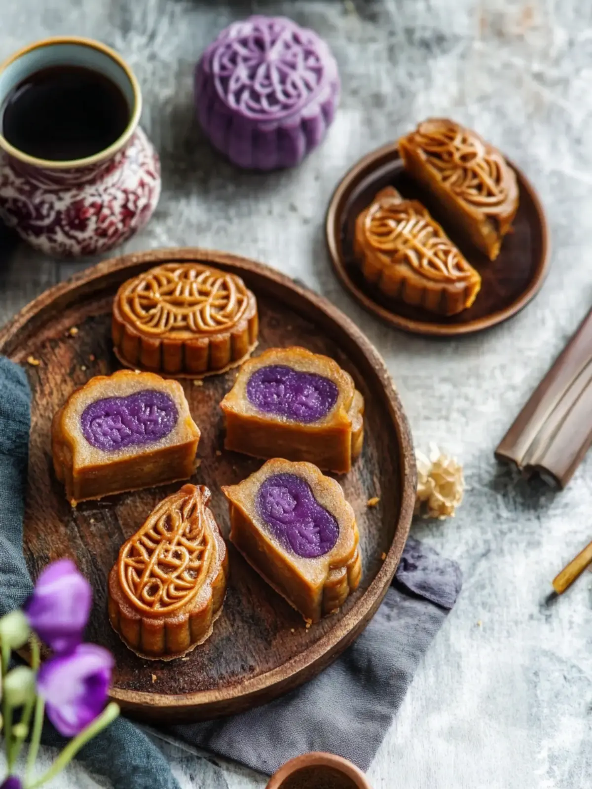 Delicious Mooncake Biscuits with Purple Sweet Potato Filling 2 Mooncake Biscuits with Purple Sweet Potato Paste Filling