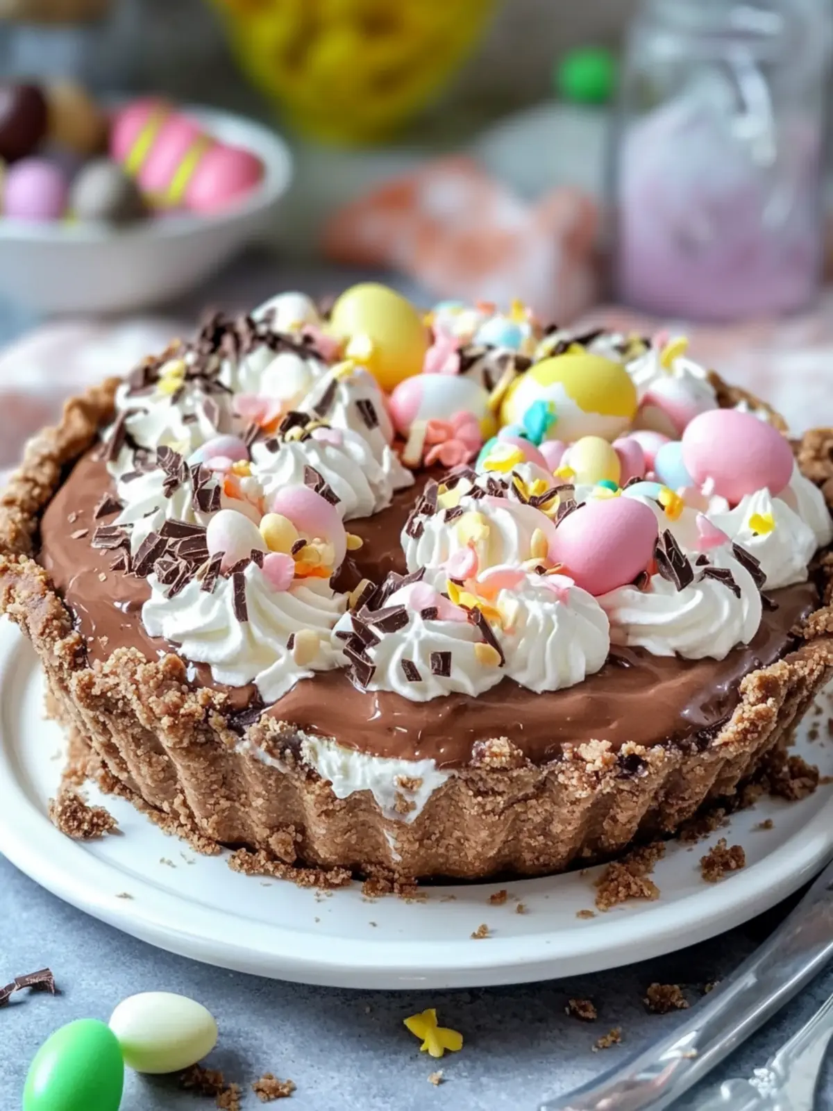 No Bake Easter Chocolate Pie with Crunchy Rice Krispie Crust 2 No Bake Easter Chocolate Pie